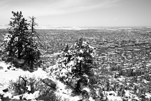Looking down on Boulder with a blanket of fresh fallen snow. 